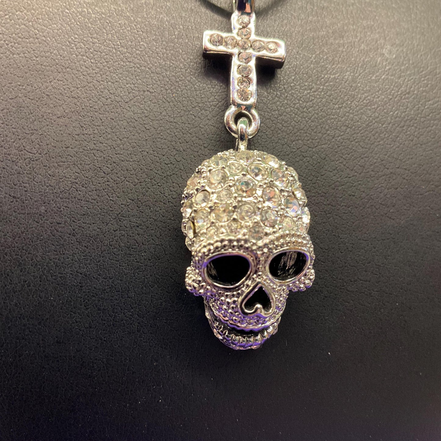 Vintage Butler and Wilson Crystal Skull and Cross Pendant, Silver tone with rhinestones