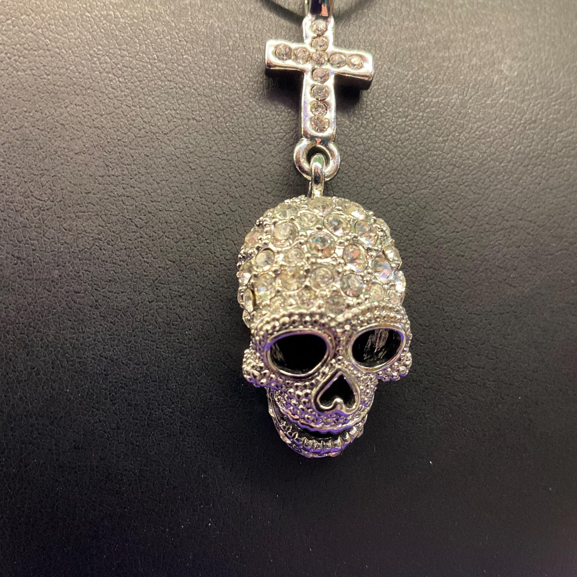 Vintage Butler and Wilson Crystal Skull and Cross Pendant, Silver tone with rhinestones