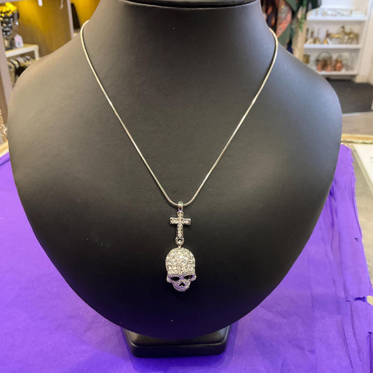 Vintage Butler and Wilson Crystal Skull and Cross Pendant, Silver tone with rhinestones