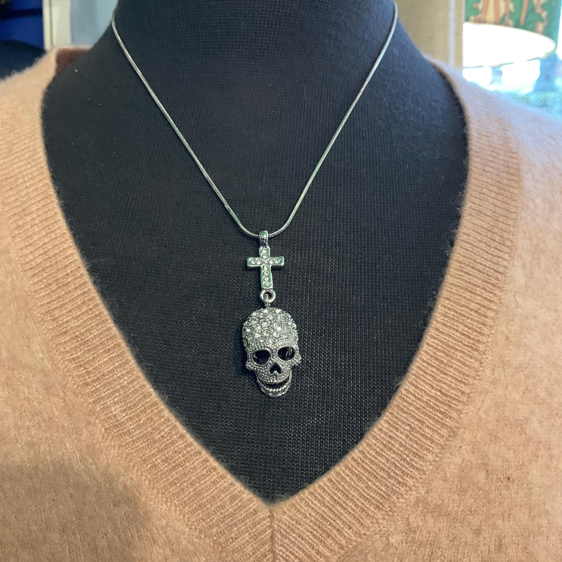Vintage Butler and Wilson Crystal Skull and Cross Pendant, Silver tone with rhinestones
