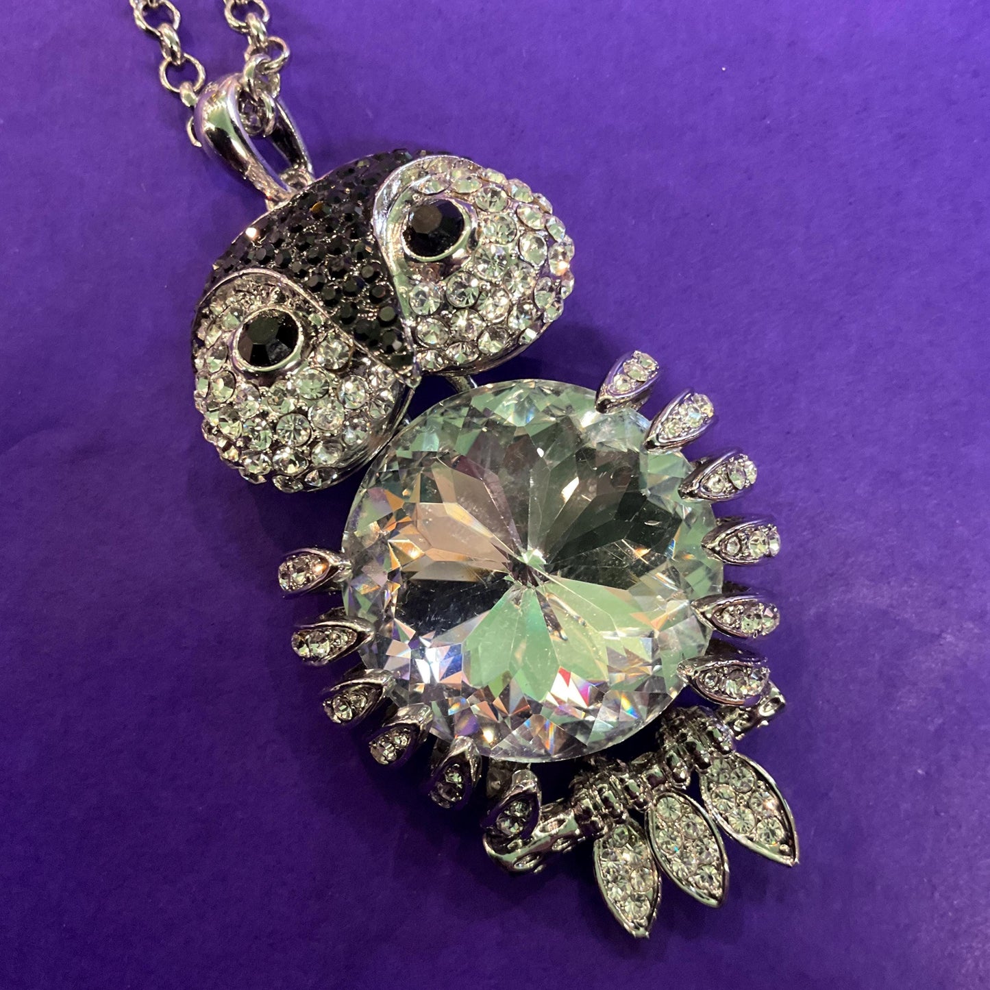 Vintage Butler and Wilson Large Silver and Black Articulated Owl Pendant, signed as new