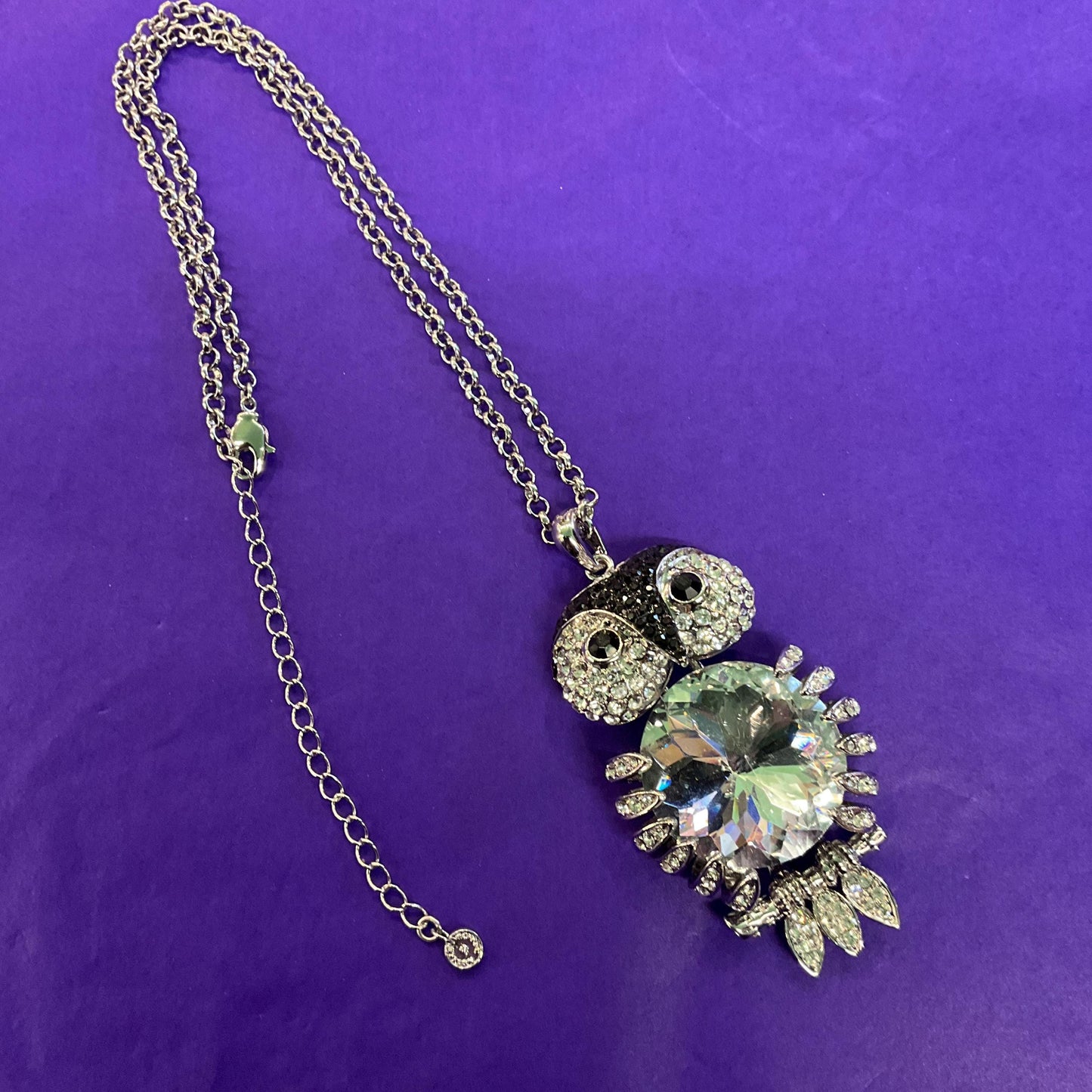 Vintage Butler and Wilson Large Silver and Black Articulated Owl Pendant, signed as new