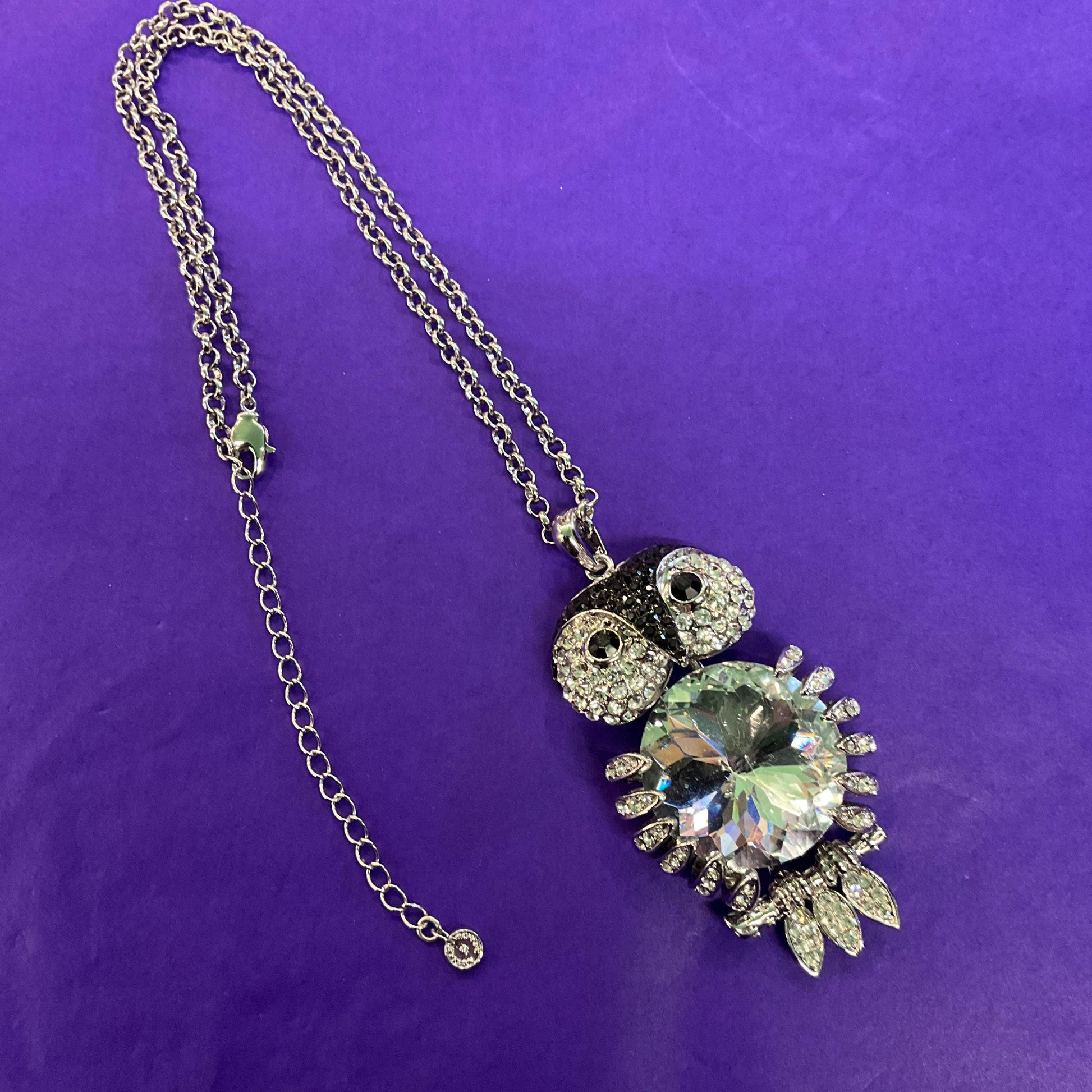 Vintage Butler and Wilson Large Silver and Black Articulated Owl Pendant, signed as new