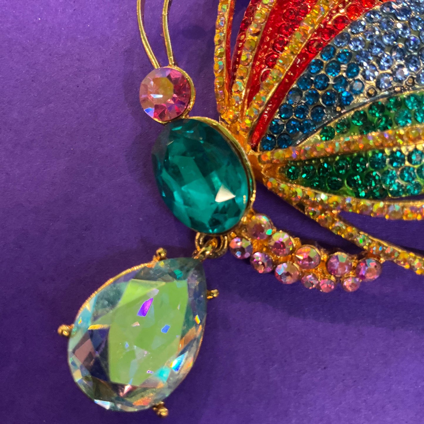 Vintage Butler and Wilson Statement Rainbow Crystal Butterfly Brooch with Borealis Teardrop Crystal Drop