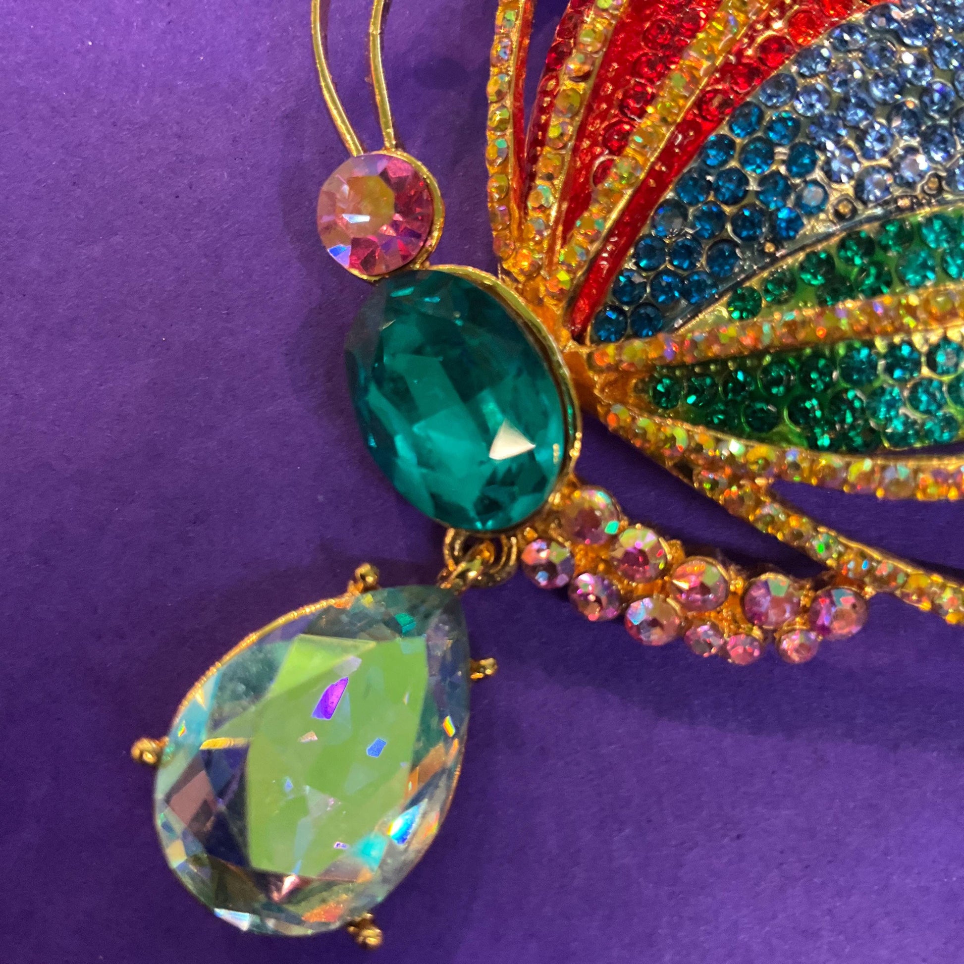 Vintage Butler and Wilson Statement Rainbow Crystal Butterfly Brooch with Borealis Teardrop Crystal Drop