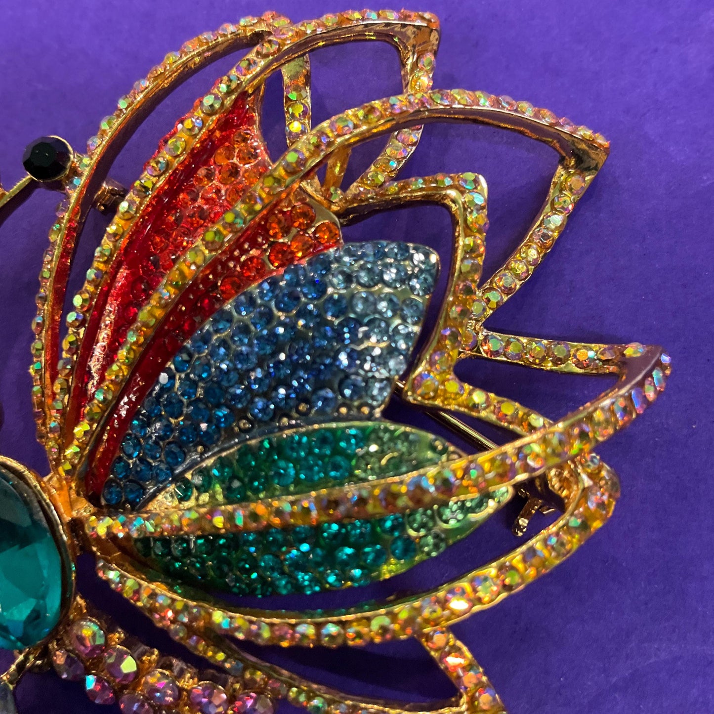 Vintage Butler and Wilson Statement Rainbow Crystal Butterfly Brooch with Borealis Teardrop Crystal Drop