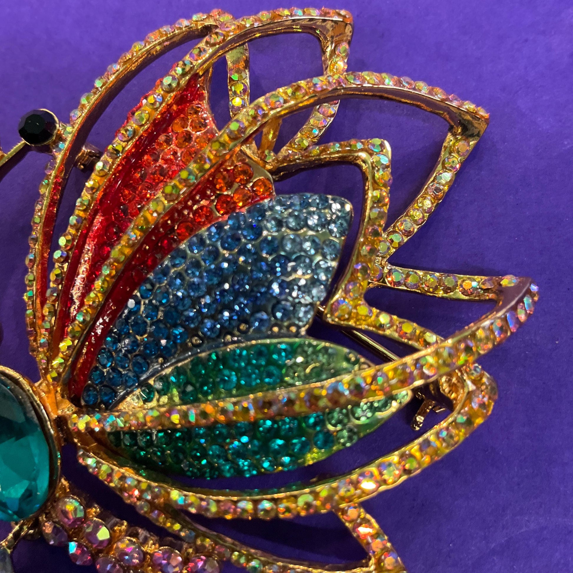 Vintage Butler and Wilson Statement Rainbow Crystal Butterfly Brooch with Borealis Teardrop Crystal Drop