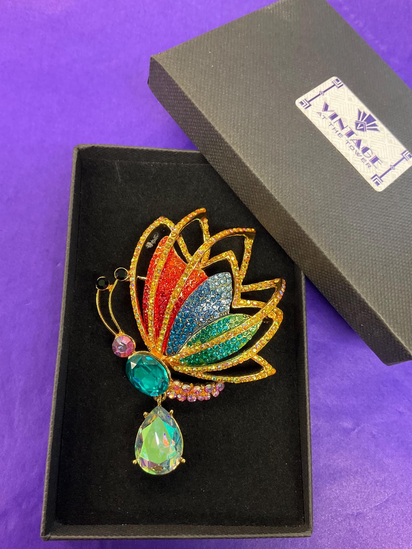Vintage Butler and Wilson Statement Rainbow Crystal Butterfly Brooch with Borealis Teardrop Crystal Drop
