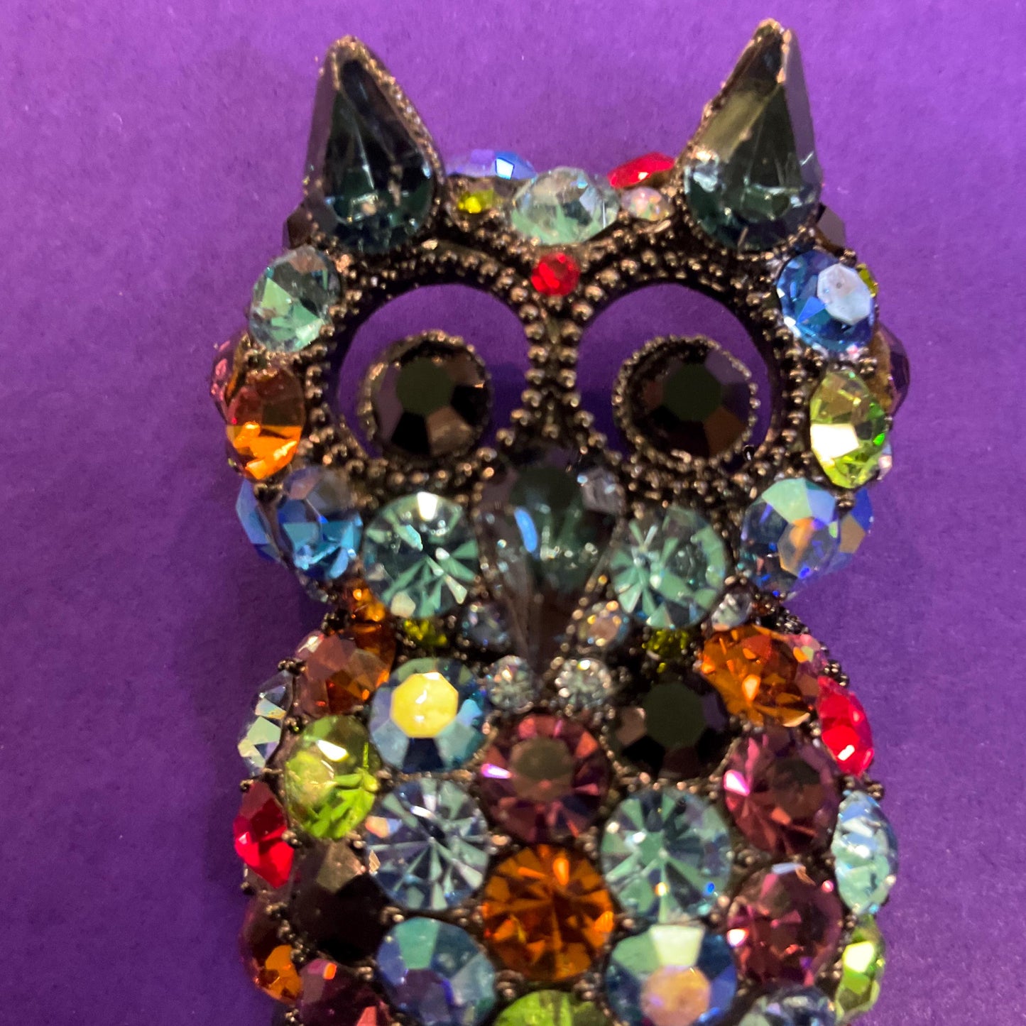 Vintage Butler and Wilson Dark Pewter tone Large Owl Brooch , Multcoloured Rainbow Jewel like Crystals