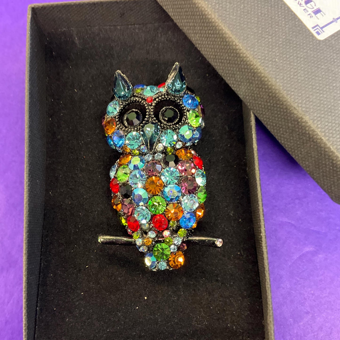Vintage Butler and Wilson Dark Pewter tone Large Owl Brooch , Multcoloured Rainbow Jewel like Crystals