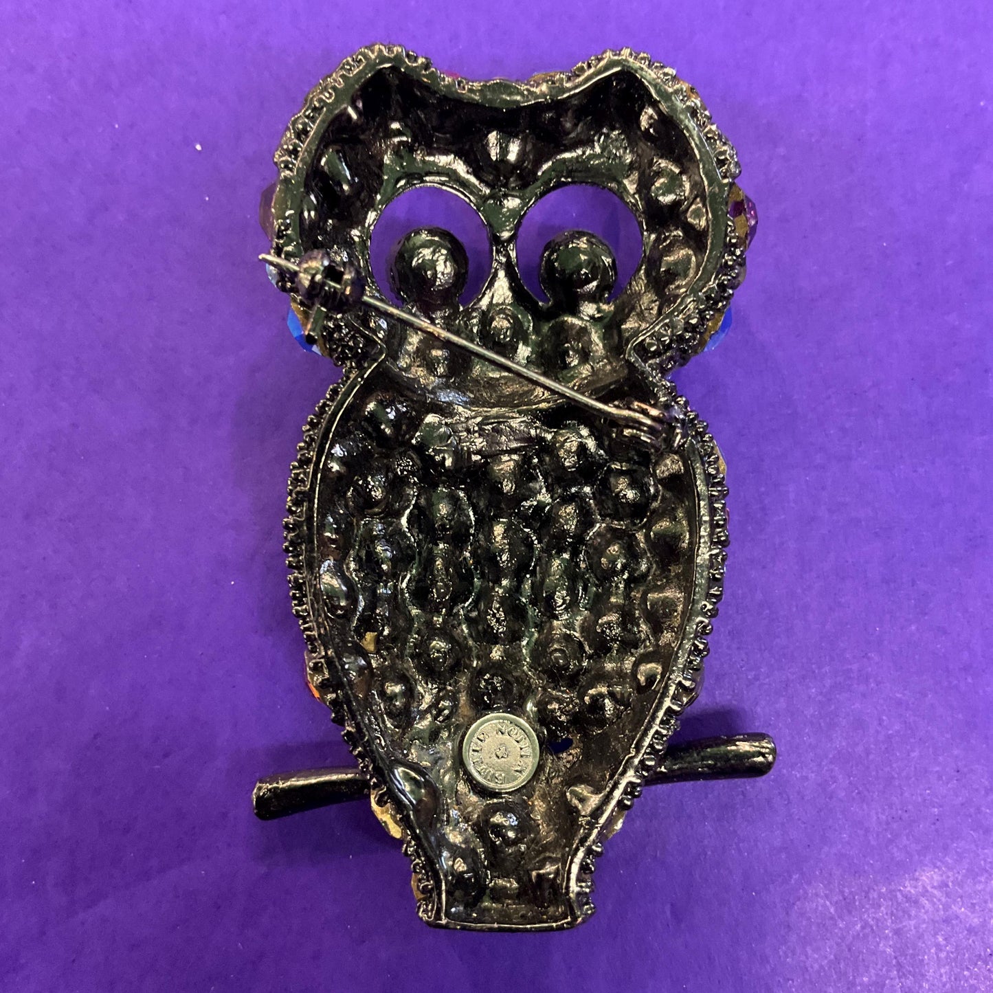 Vintage Butler and Wilson Dark Pewter tone Large Owl Brooch , Multcoloured Rainbow Jewel like Crystals
