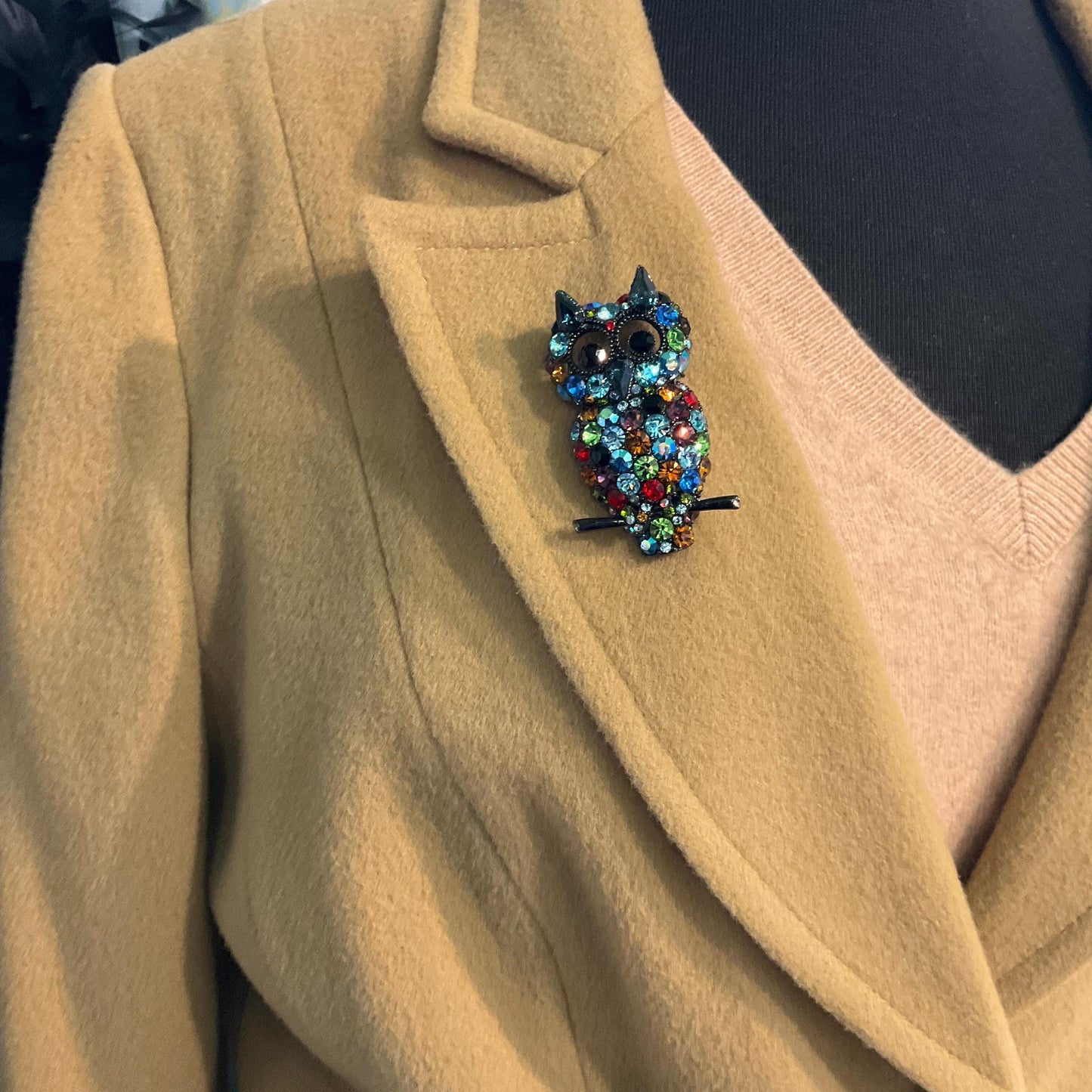 Vintage Butler and Wilson Dark Pewter tone Large Owl Brooch , Multcoloured Rainbow Jewel like Crystals