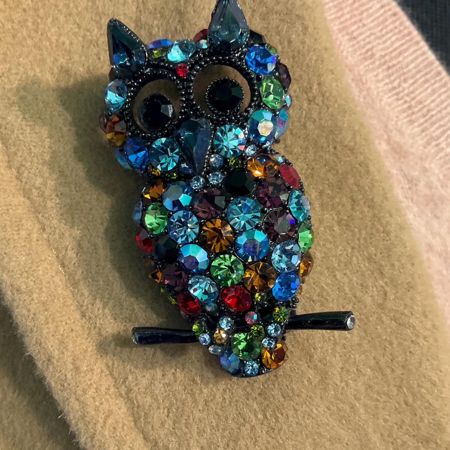 Vintage Butler and Wilson Dark Pewter tone Large Owl Brooch , Multcoloured Rainbow Jewel like Crystals