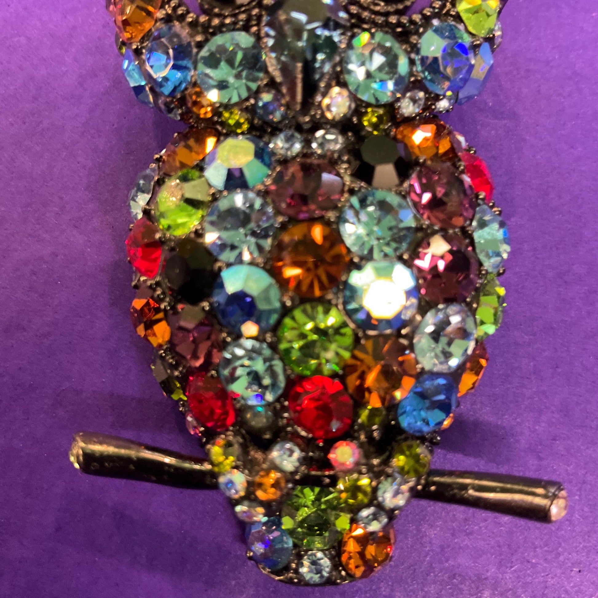 Vintage Butler and Wilson Dark Pewter tone Large Owl Brooch , Multcoloured Rainbow Jewel like Crystals