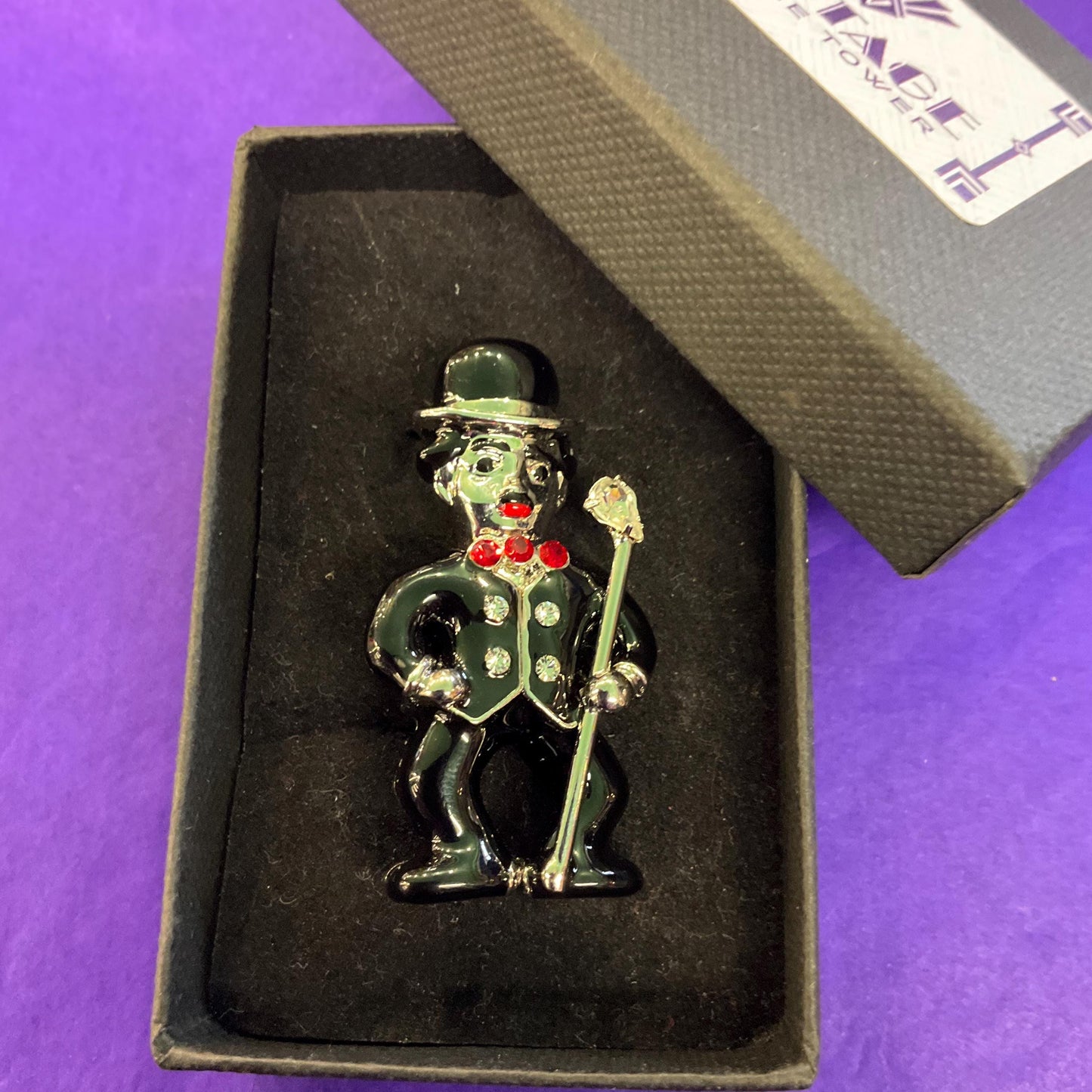 Vintage Butler and Wilson Enamel and Crystal Charlie Chaplin Brooch, Silver tone with red and black accents