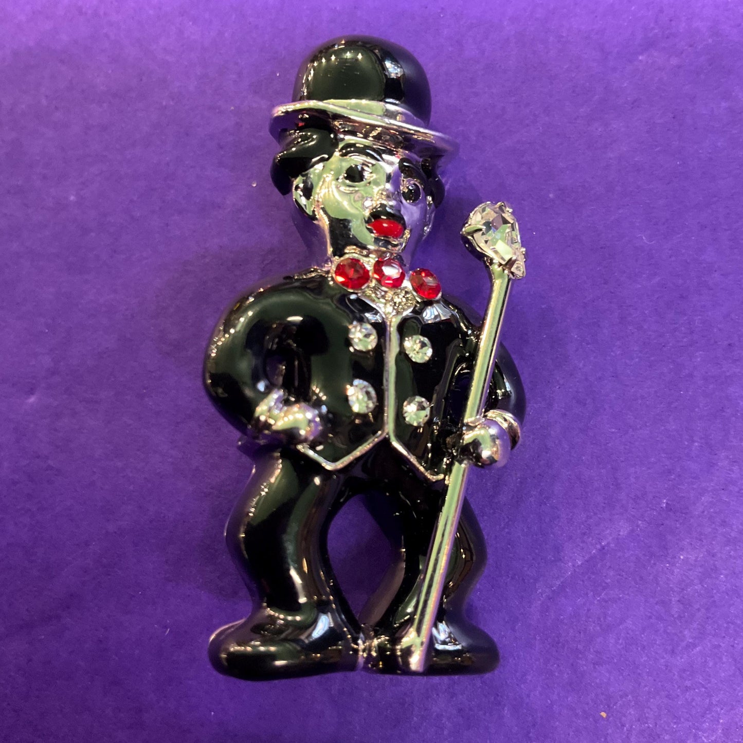 Vintage Butler and Wilson Enamel and Crystal Charlie Chaplin Brooch, Silver tone with red and black accents