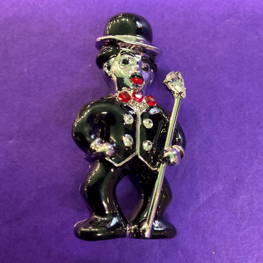Vintage Butler and Wilson Enamel and Crystal Charlie Chaplin Brooch, Silver tone with red and black accents