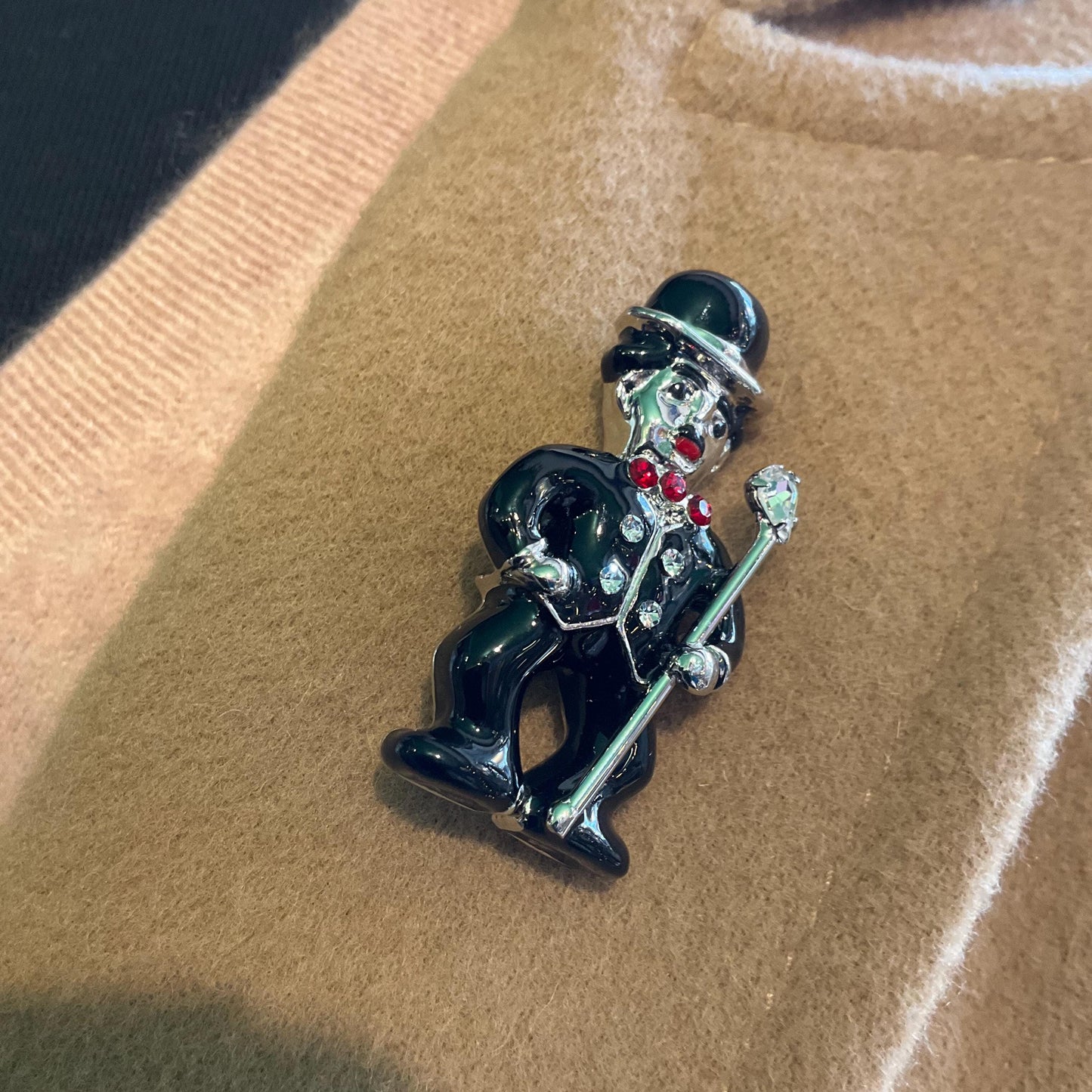 Vintage Butler and Wilson Enamel and Crystal Charlie Chaplin Brooch, Silver tone with red and black accents