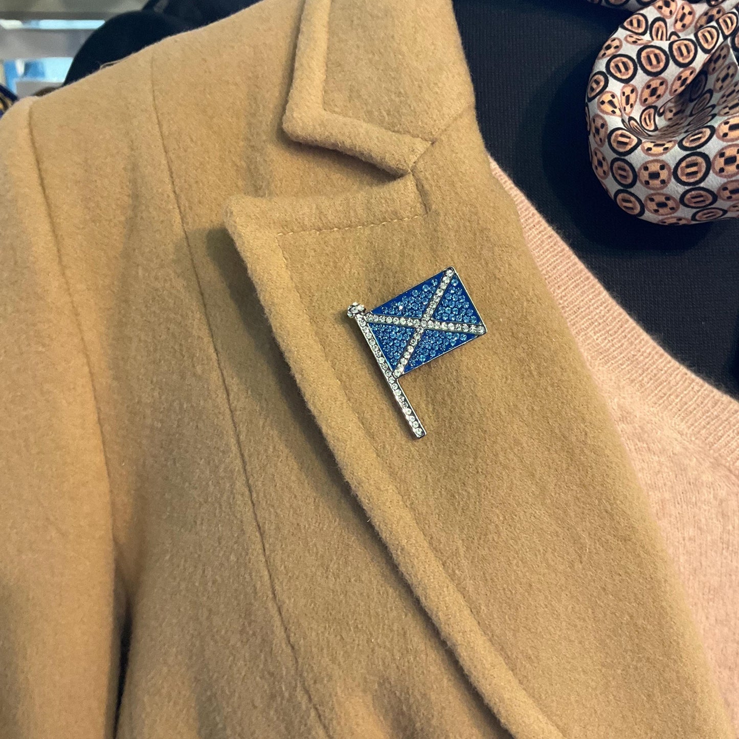 Vintage Butler and Wilson St Andrews Scottish Flag Crystal Brooch/ Lapel pin, Silver tone with silver and Blue rhinestones
