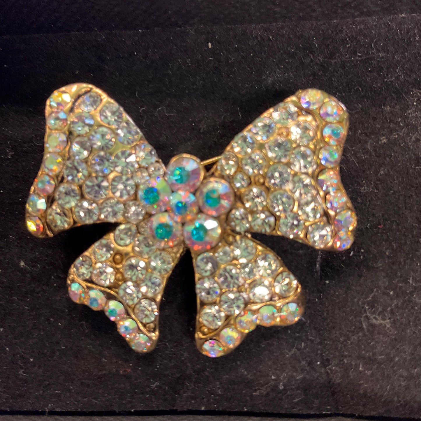 Vintage Butler and Wilson Petite Crystal Bow Brooch, Gold tone with silver and Aurora Borealis Rhinestones, Friendship Gift