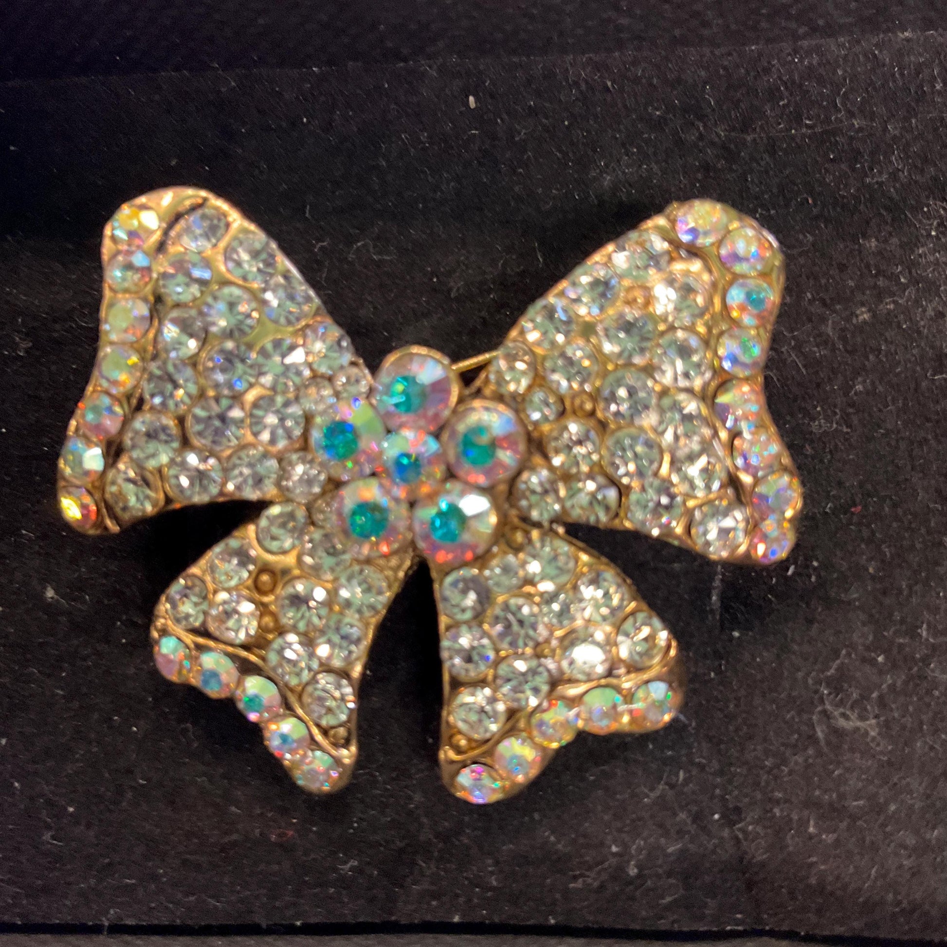 Vintage Butler and Wilson Petite Crystal Bow Brooch, Gold tone with silver and Aurora Borealis Rhinestones, Friendship Gift