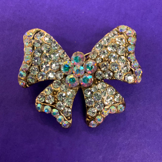 Vintage Butler and Wilson Petite Crystal Bow Brooch, Gold tone with silver and Aurora Borealis Rhinestones, Friendship Gift