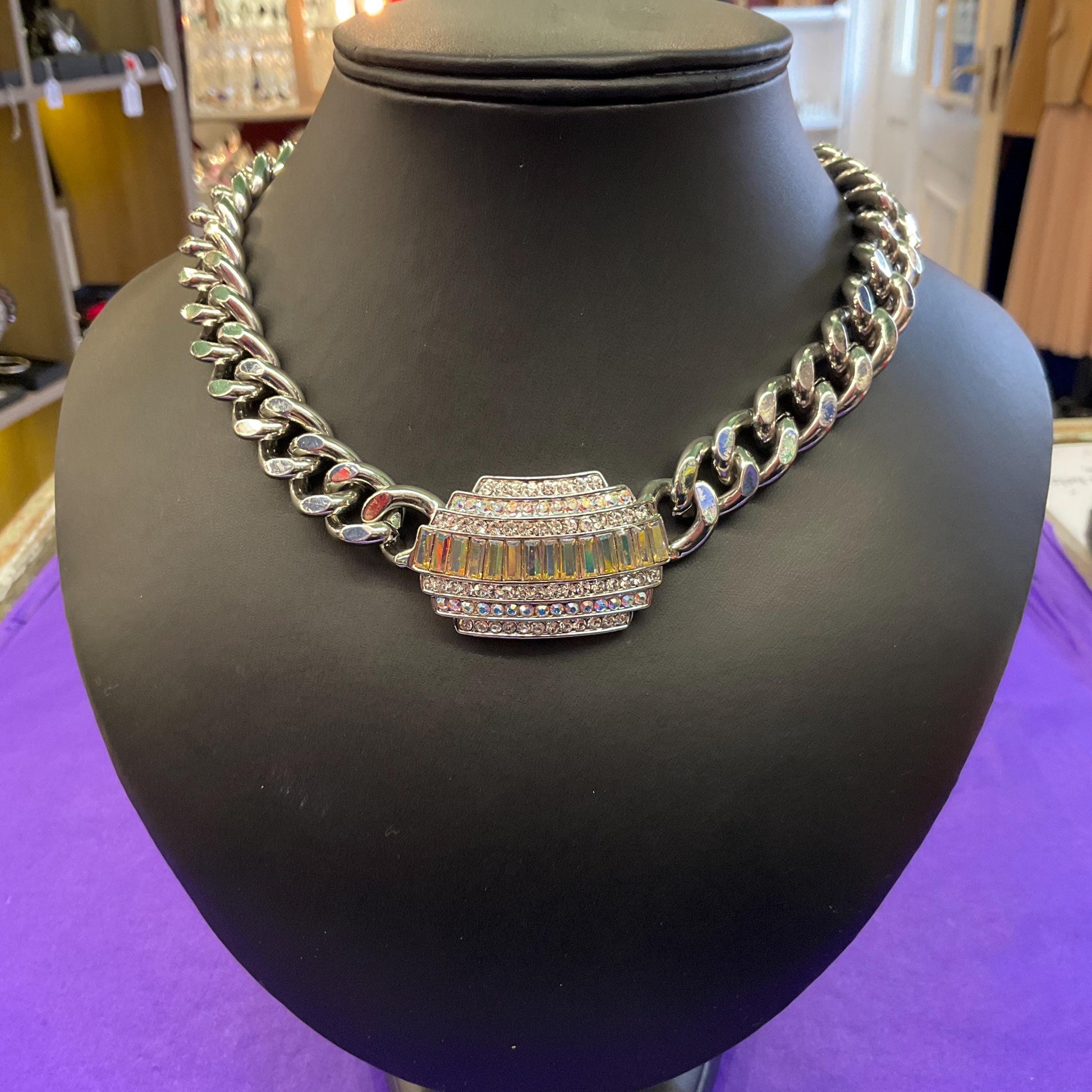 Vintage Butler and Wilson Statement Silver Tone Art Deco Style Crystal Necklace, Chunky Silver Chain with Aurora Borealis Crystals