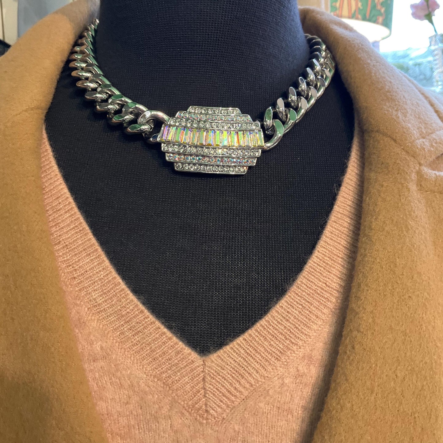 Vintage Butler and Wilson Statement Silver Tone Art Deco Style Crystal Necklace, Chunky Silver Chain with Aurora Borealis Crystals