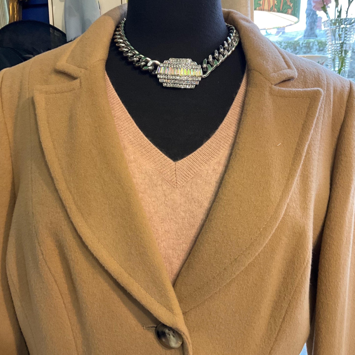 Vintage Butler and Wilson Statement Silver Tone Art Deco Style Crystal Necklace, Chunky Silver Chain with Aurora Borealis Crystals