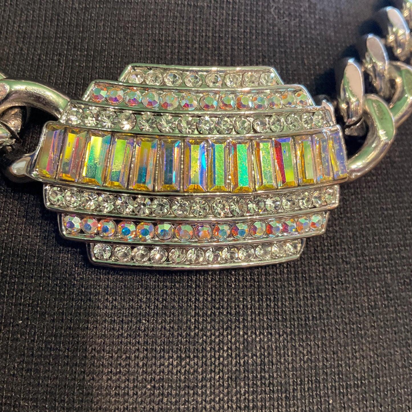 Vintage Butler and Wilson Statement Silver Tone Art Deco Style Crystal Necklace, Chunky Silver Chain with Aurora Borealis Crystals