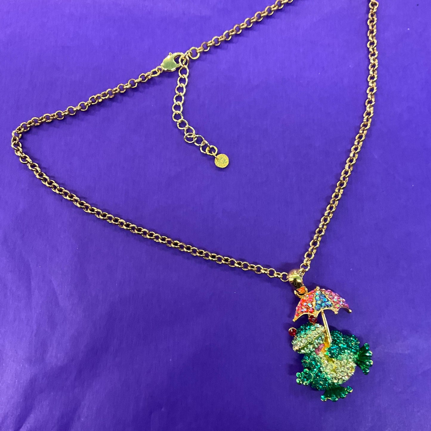 Vintage Butler and Wilson Quirky Crystal Frog with Umbrella Large Pendant Necklace, Gold tone chain with multicoloured rhinestones