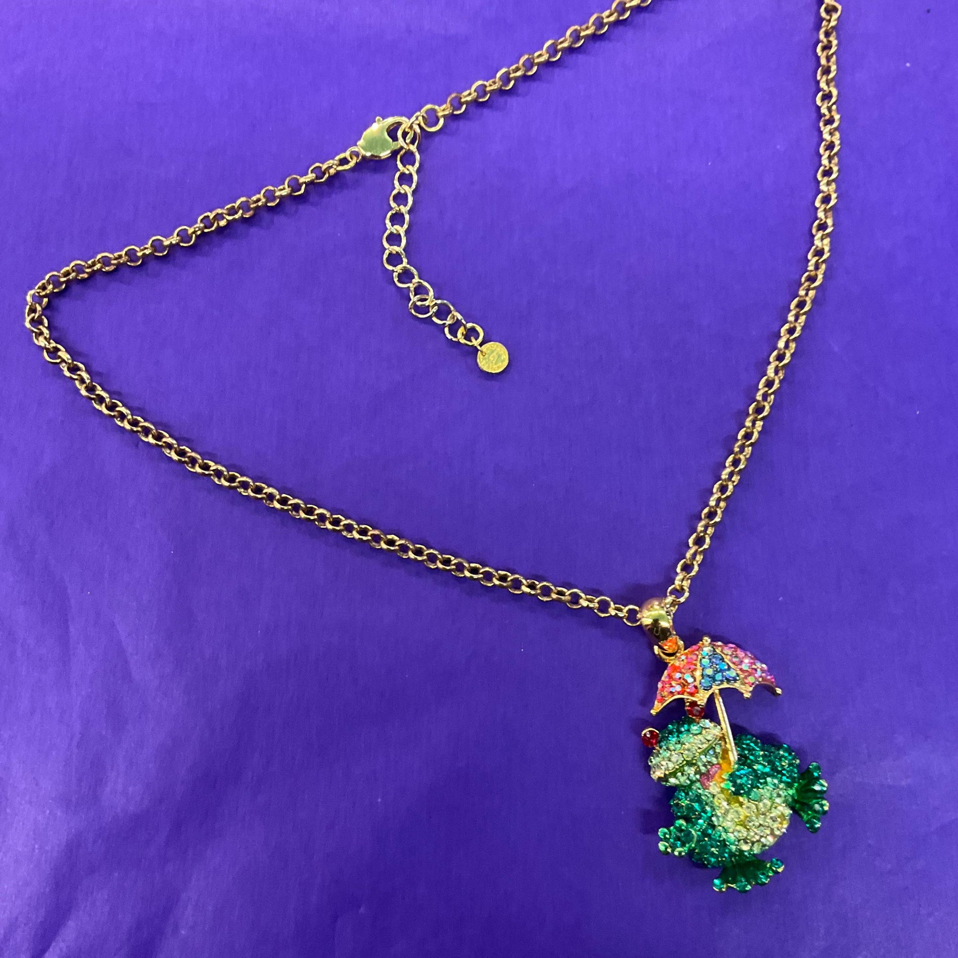 Vintage Butler and Wilson Quirky Crystal Frog with Umbrella Large Pendant Necklace, Gold tone chain with multicoloured rhinestones