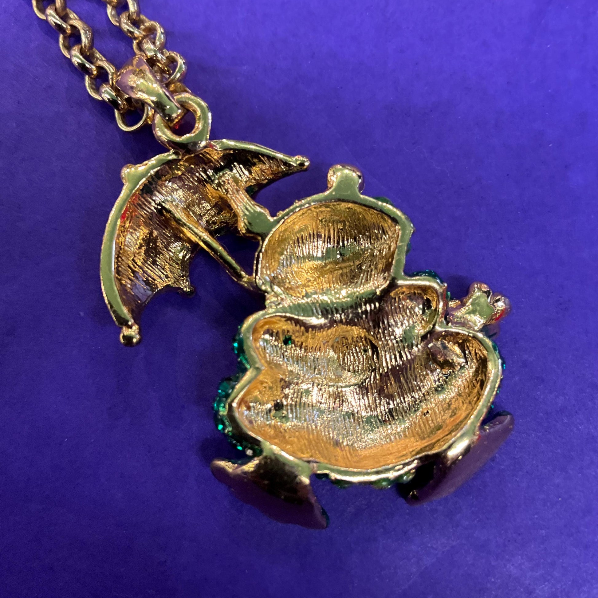 Vintage Butler and Wilson Quirky Crystal Frog with Umbrella Large Pendant Necklace, Gold tone chain with multicoloured rhinestones