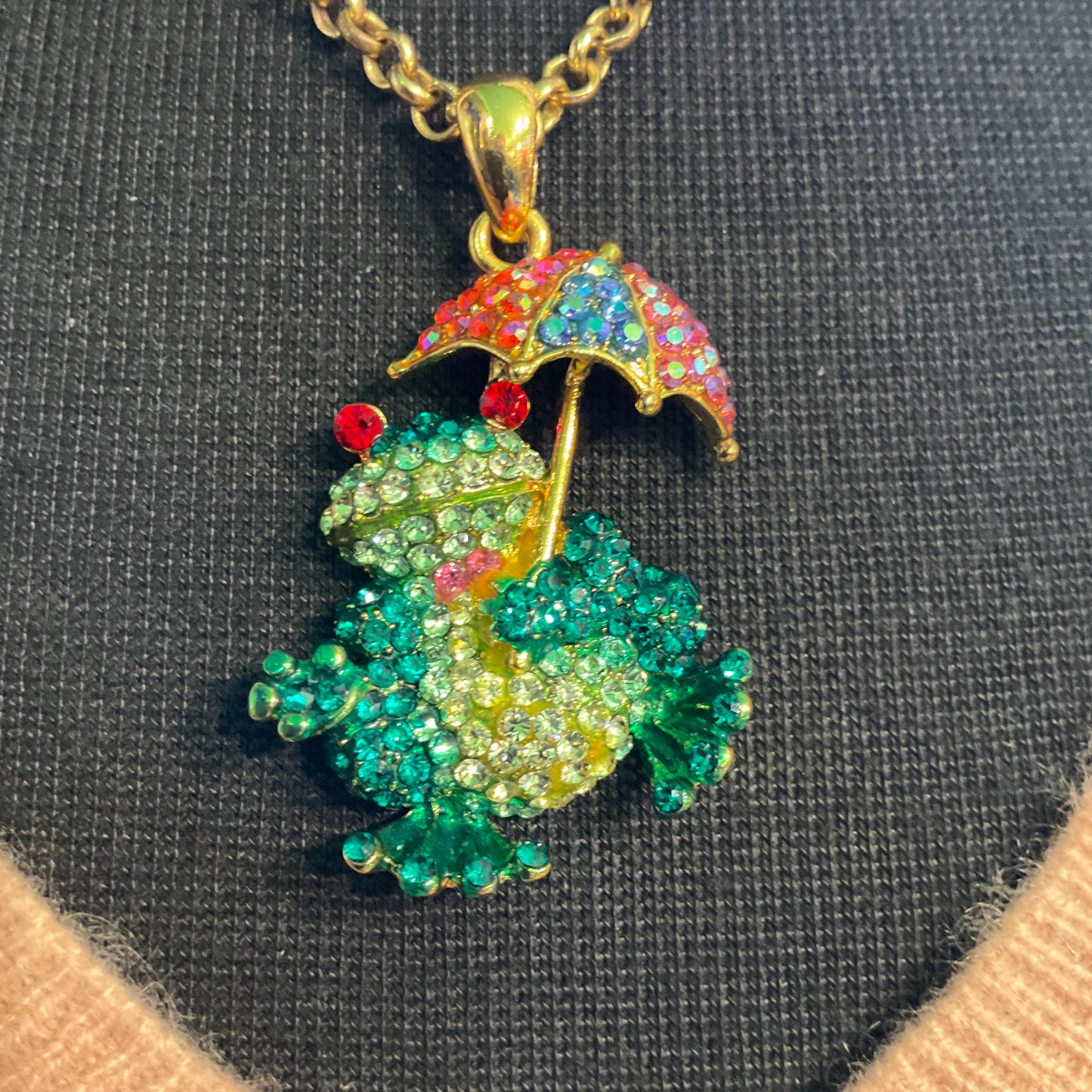 Vintage Butler and Wilson Quirky Crystal Frog with Umbrella Large Pendant Necklace, Gold tone chain with multicoloured rhinestones