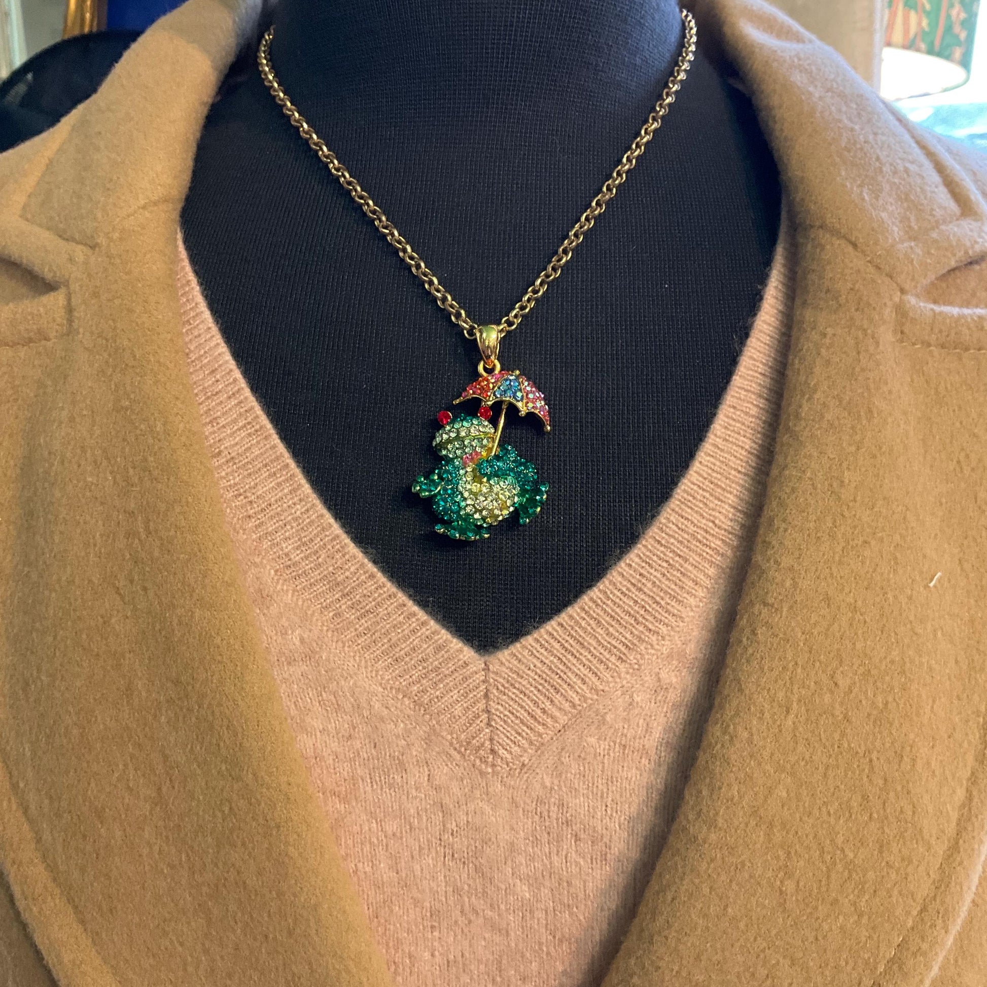 Vintage Butler and Wilson Quirky Crystal Frog with Umbrella Large Pendant Necklace, Gold tone chain with multicoloured rhinestones