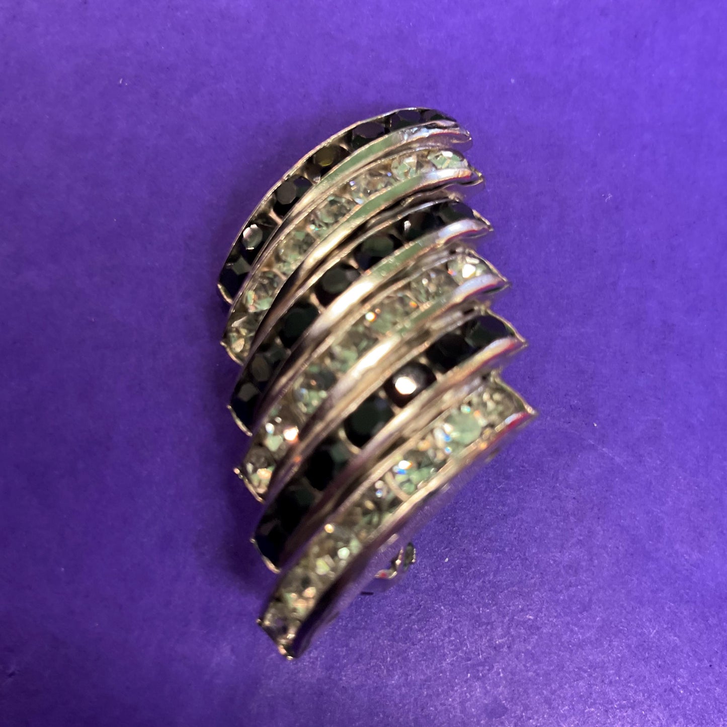 Vintage Butler and Wilson Monotone Art Deco Style Statement Clip on Earrings , silver tone with black and silver rhinestones