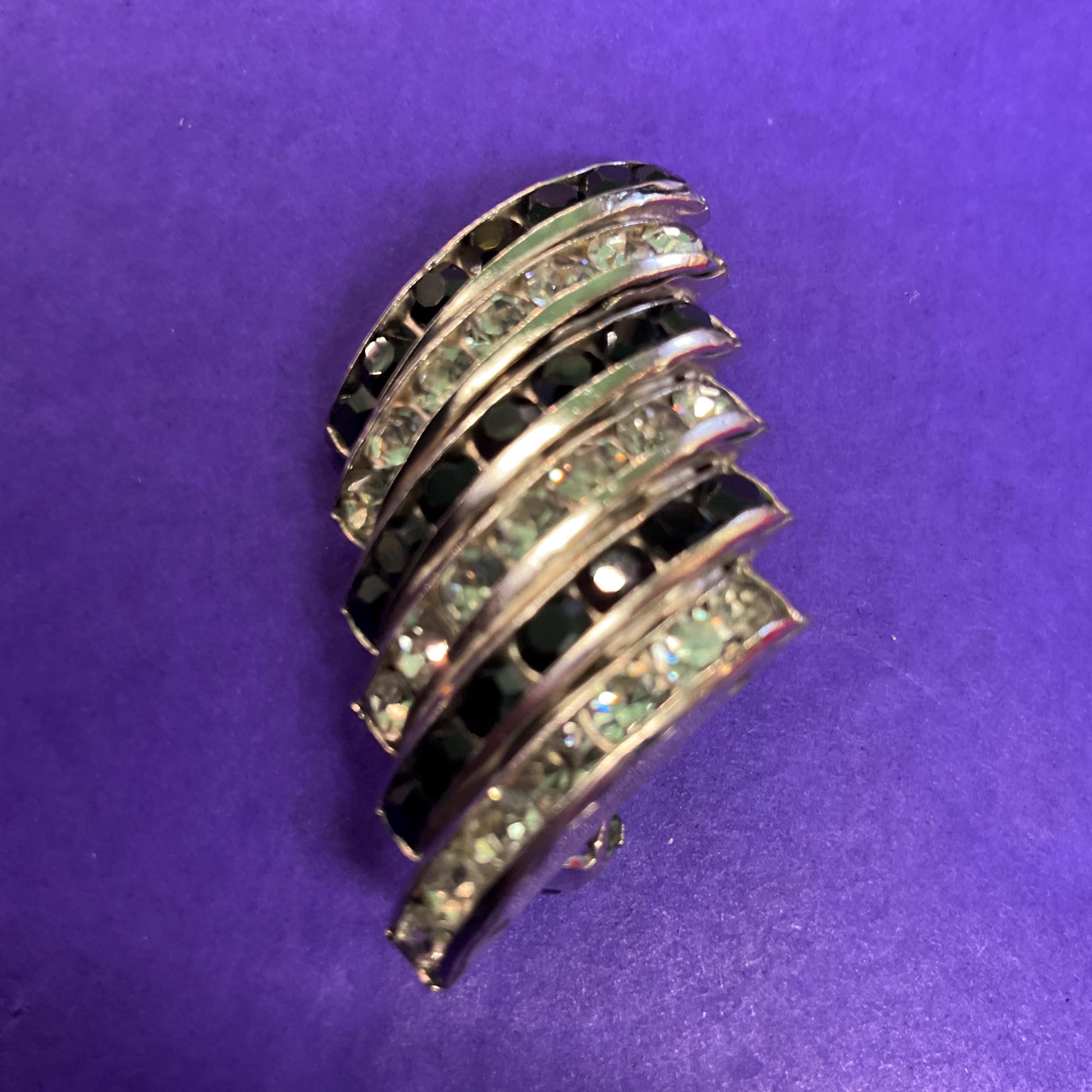 Vintage Butler and Wilson Monotone Art Deco Style Statement Clip on Earrings , silver tone with black and silver rhinestones