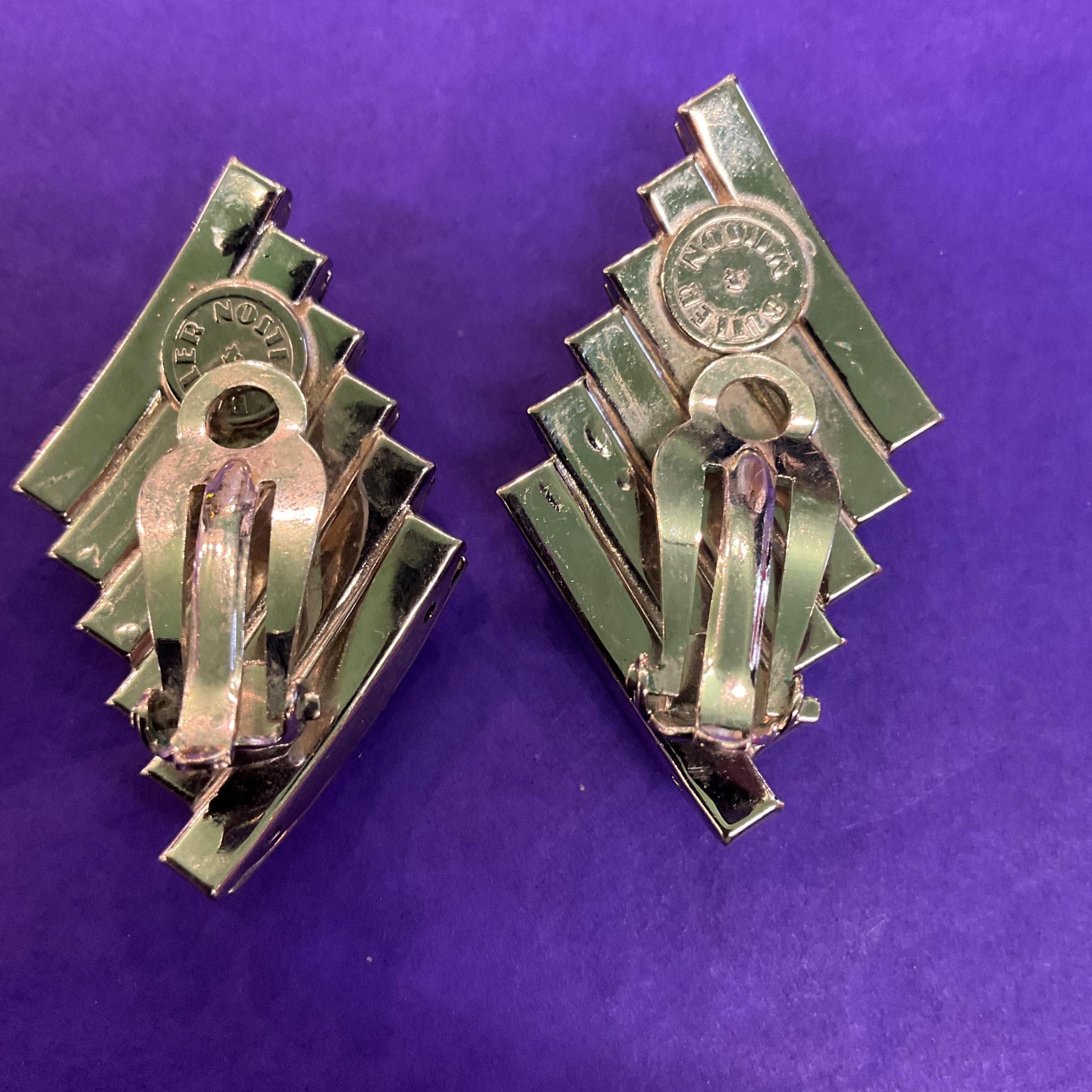 Vintage Butler and Wilson Monotone Art Deco Style Statement Clip on Earrings , silver tone with black and silver rhinestones