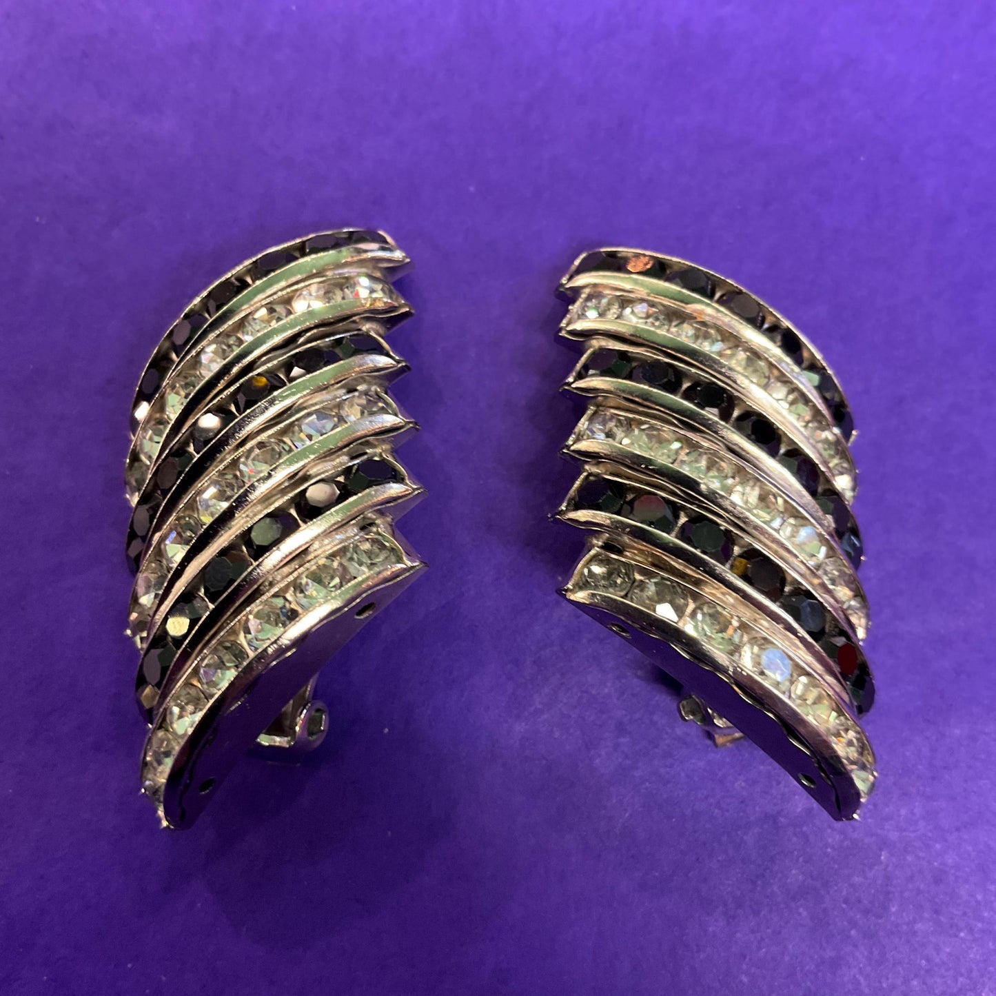 Vintage Butler and Wilson Monotone Art Deco Style Statement Clip on Earrings , silver tone with black and silver rhinestones