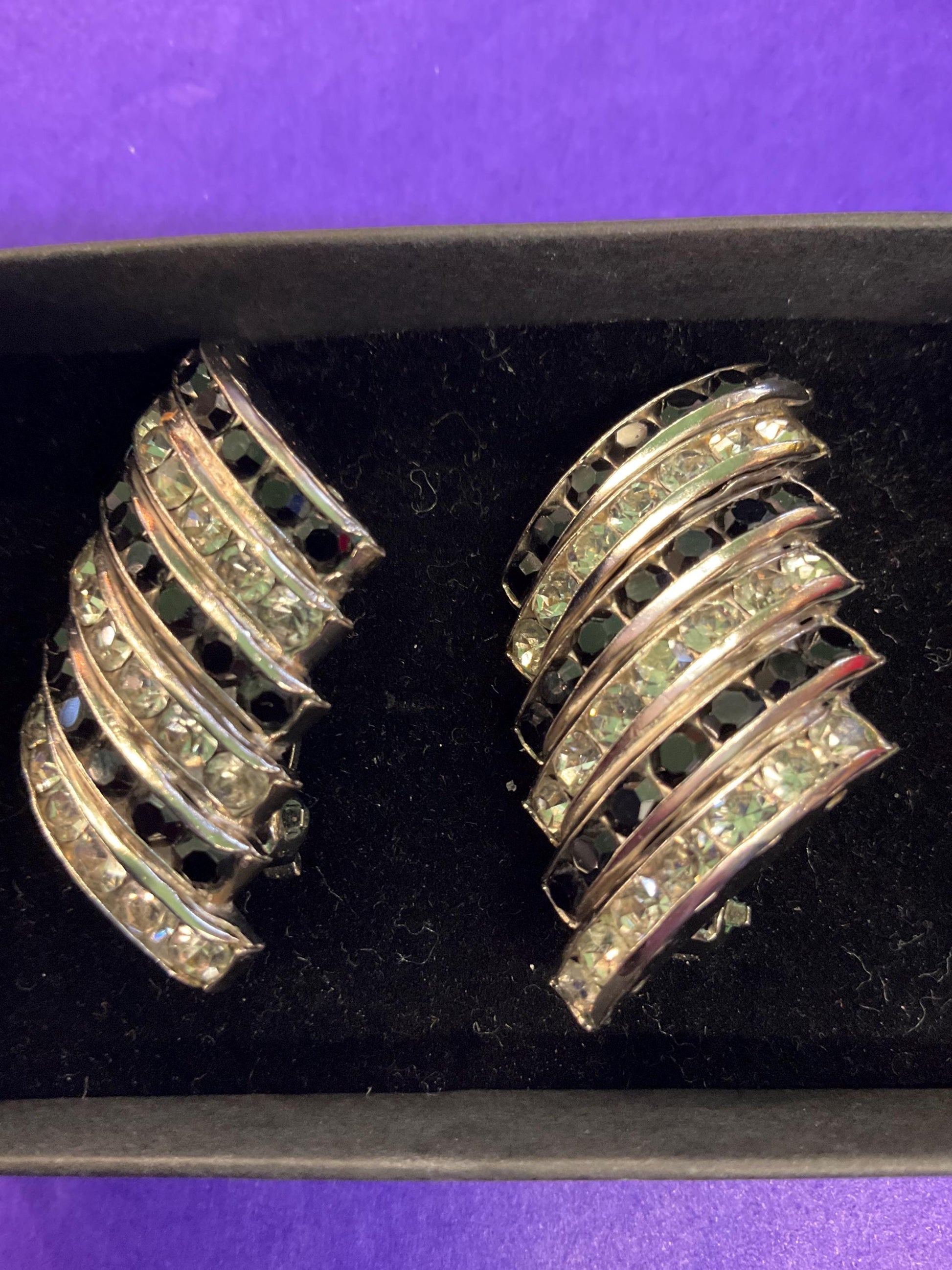 Vintage Butler and Wilson Monotone Art Deco Style Statement Clip on Earrings , silver tone with black and silver rhinestones
