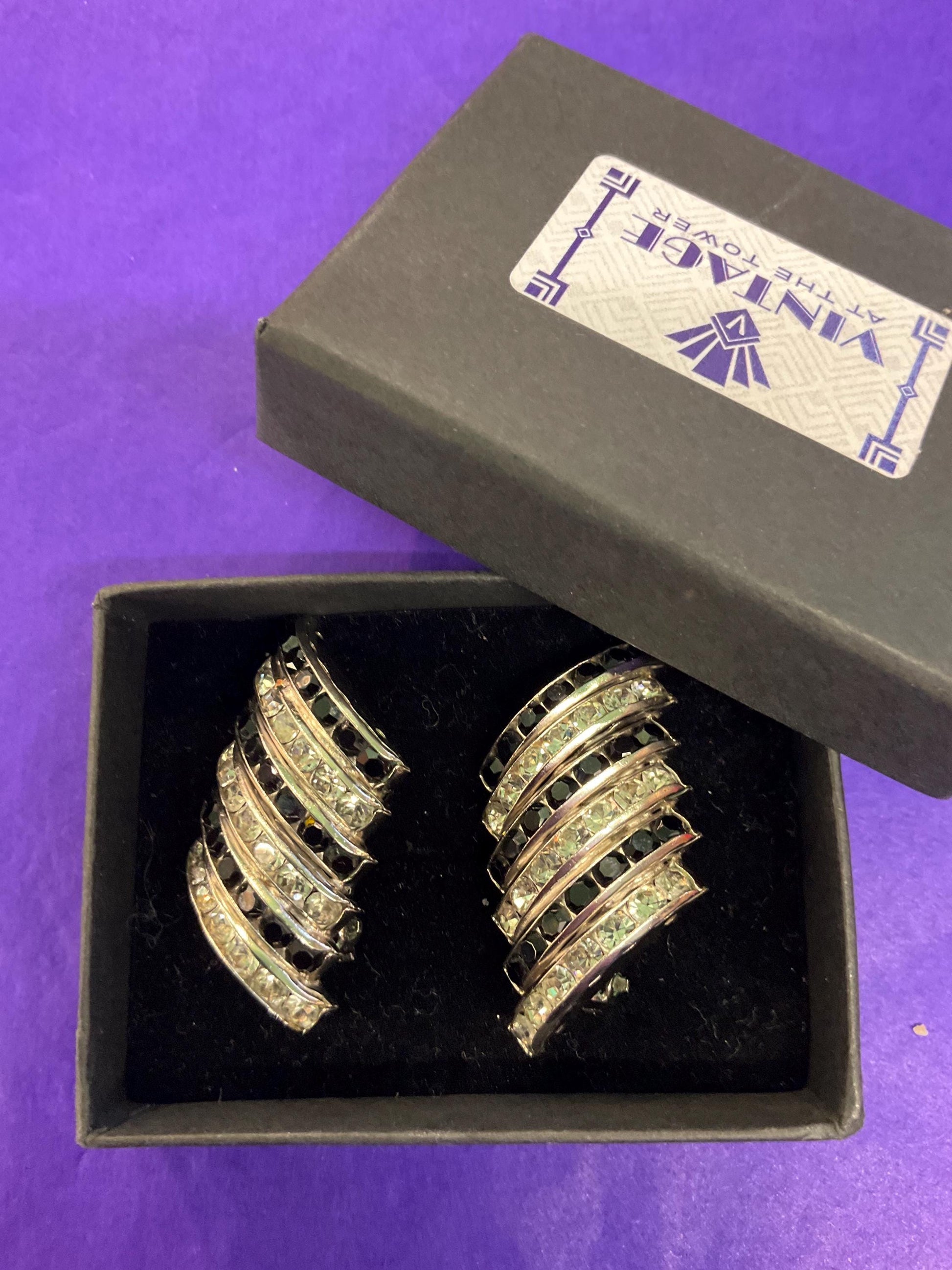 Vintage Butler and Wilson Monotone Art Deco Style Statement Clip on Earrings , silver tone with black and silver rhinestones