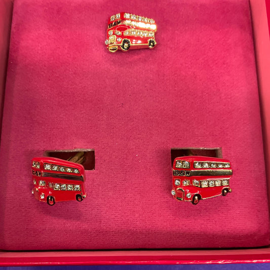 Vintage Butler and Wilson London Red Bus Cufflinks and Tie Pin/Lapel Pin Set , Gold Tone with Red enamel and silver crystals