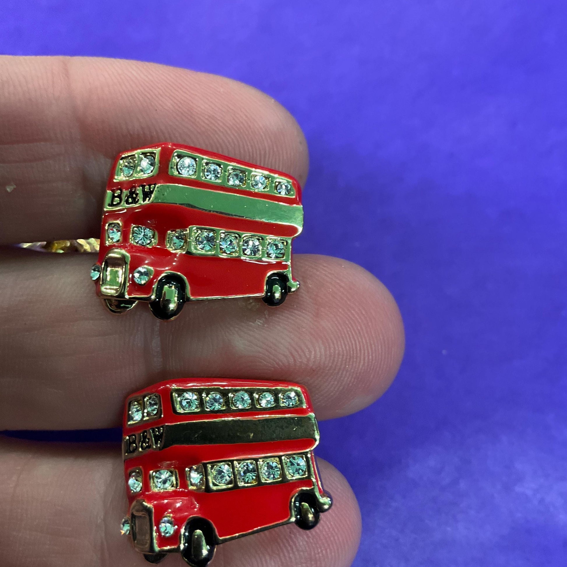 Vintage Butler and Wilson London Red Bus Cufflinks and Tie Pin/Lapel Pin Set , Gold Tone with Red enamel and silver crystals