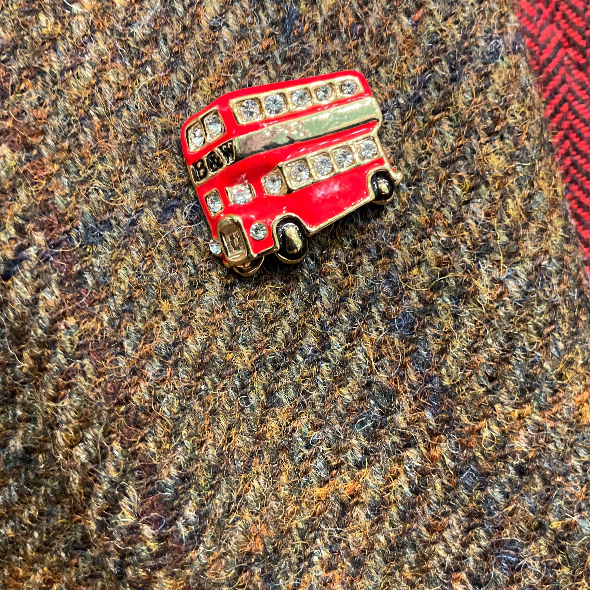 Vintage Butler and Wilson London Red Bus Cufflinks and Tie Pin/Lapel Pin Set , Gold Tone with Red enamel and silver crystals