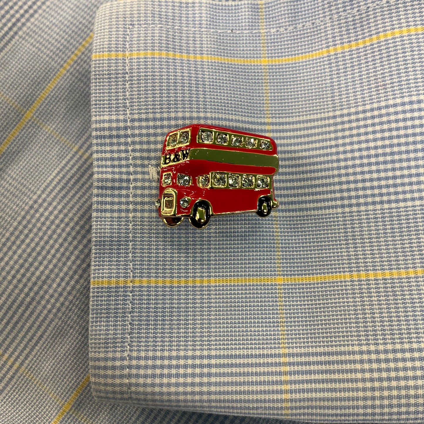 Vintage Butler and Wilson London Red Bus Cufflinks and Tie Pin/Lapel Pin Set , Gold Tone with Red enamel and silver crystals