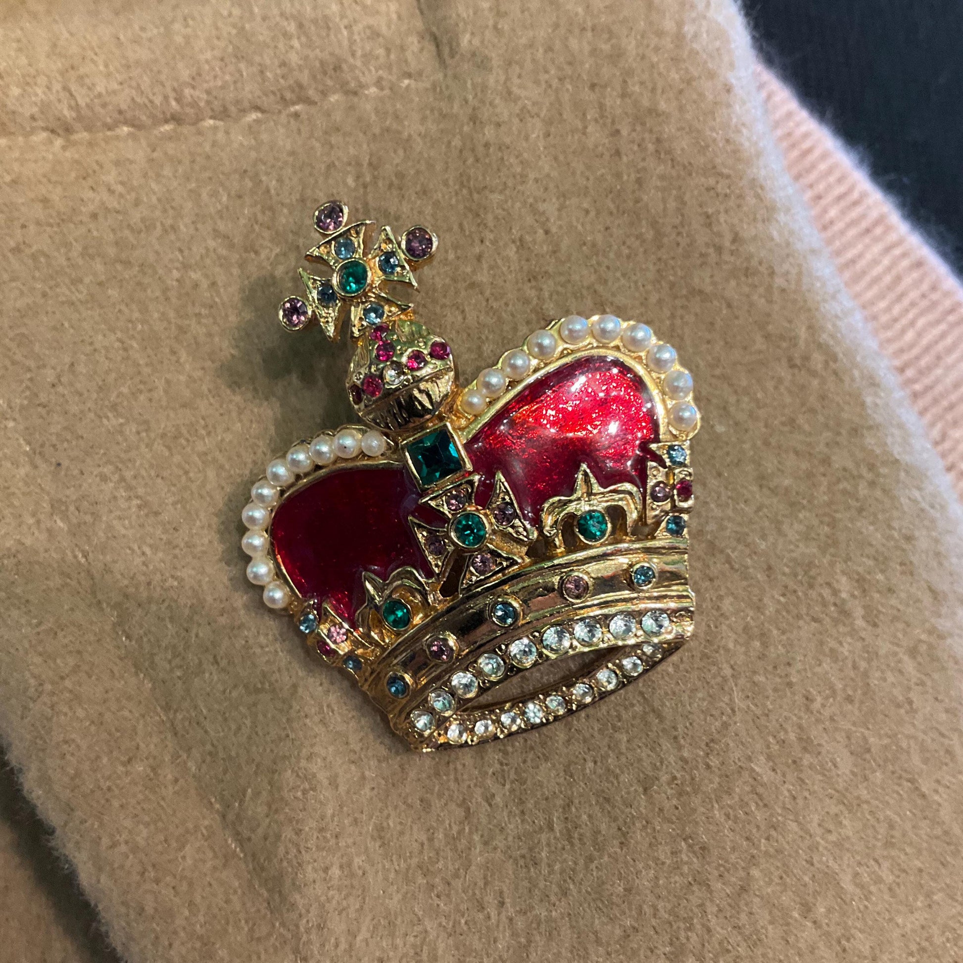 Vintage Butler and Wilson Crystal Crown Brooch, Gold tone with red enamel and multicoloured rhinestones