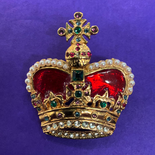 Vintage Butler and Wilson Crystal Crown Brooch, Gold tone with red enamel and multicoloured rhinestones