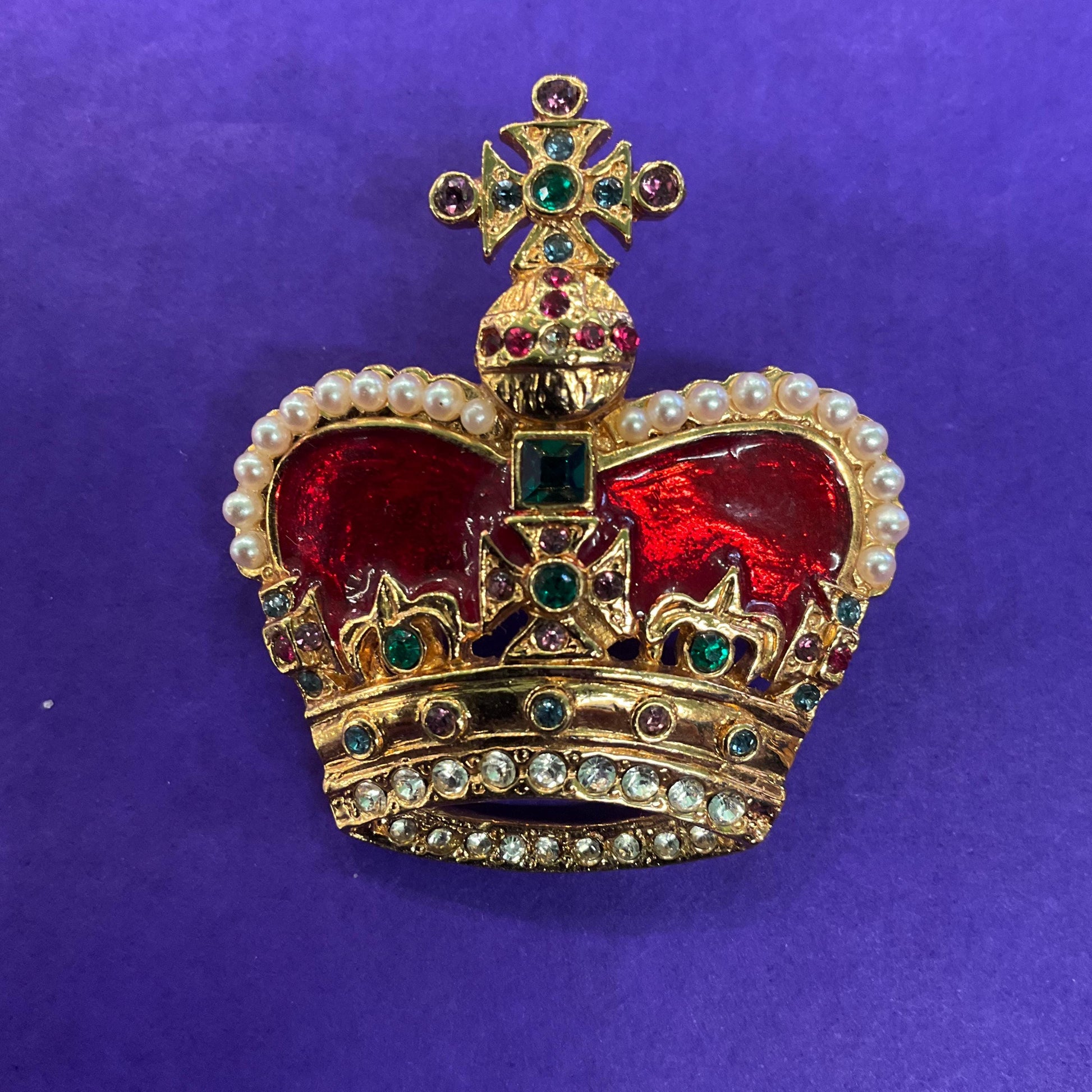 Vintage Butler and Wilson Crystal Crown Brooch, Gold tone with red enamel and multicoloured rhinestones