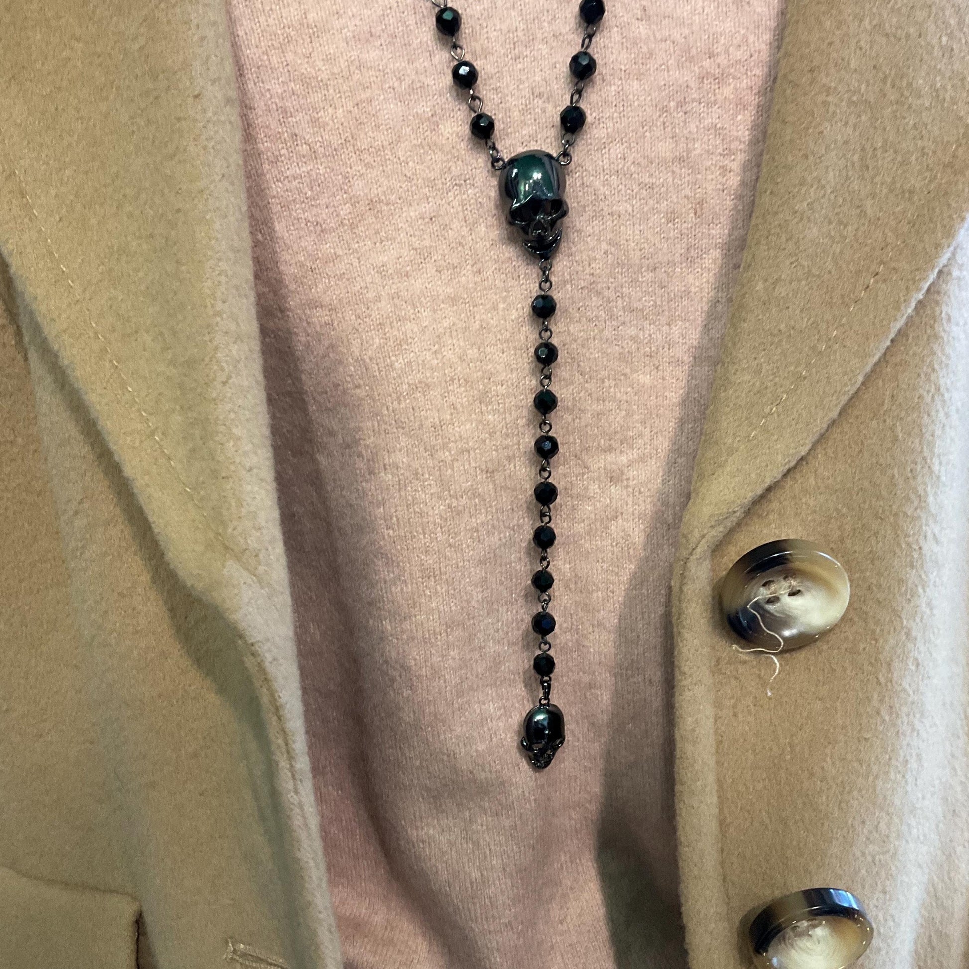 Vintage Butler and Wilson Long Dark Pewter Skull & Black Borealis Beaded ‘Y’ Drop Necklace