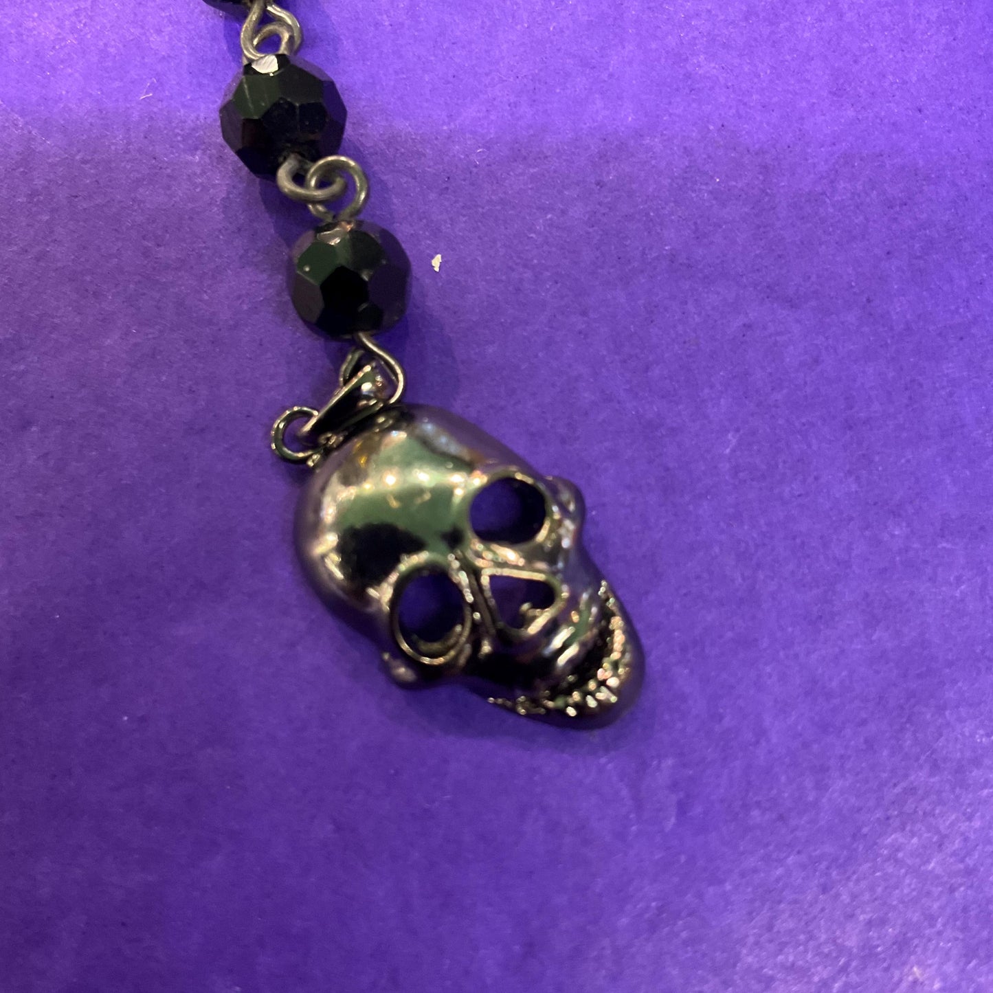 Vintage Butler and Wilson Long Dark Pewter Skull & Black Borealis Beaded ‘Y’ Drop Necklace